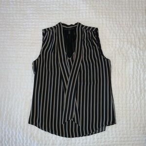White House Black Market Striped Tan and White V-Neck Blouse with Tie.  Size 2